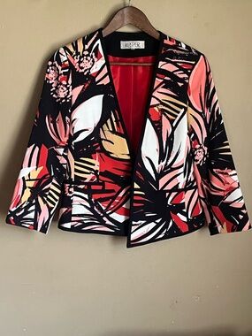 Kasper Black Floral-Print Open Front Blazer with Coral & White Accents